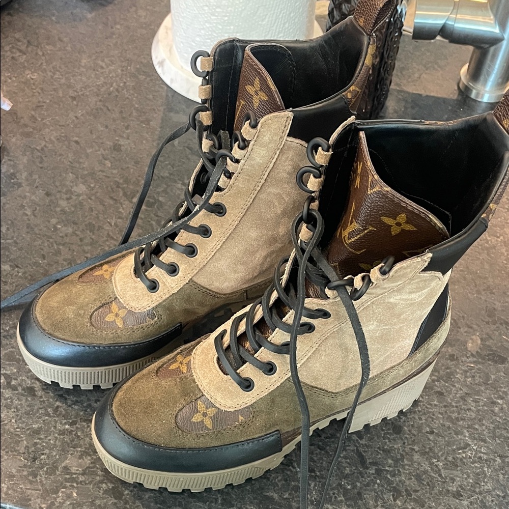 Louis Vuitton Brown & Black Suede Combat Boots with Monogram Panels